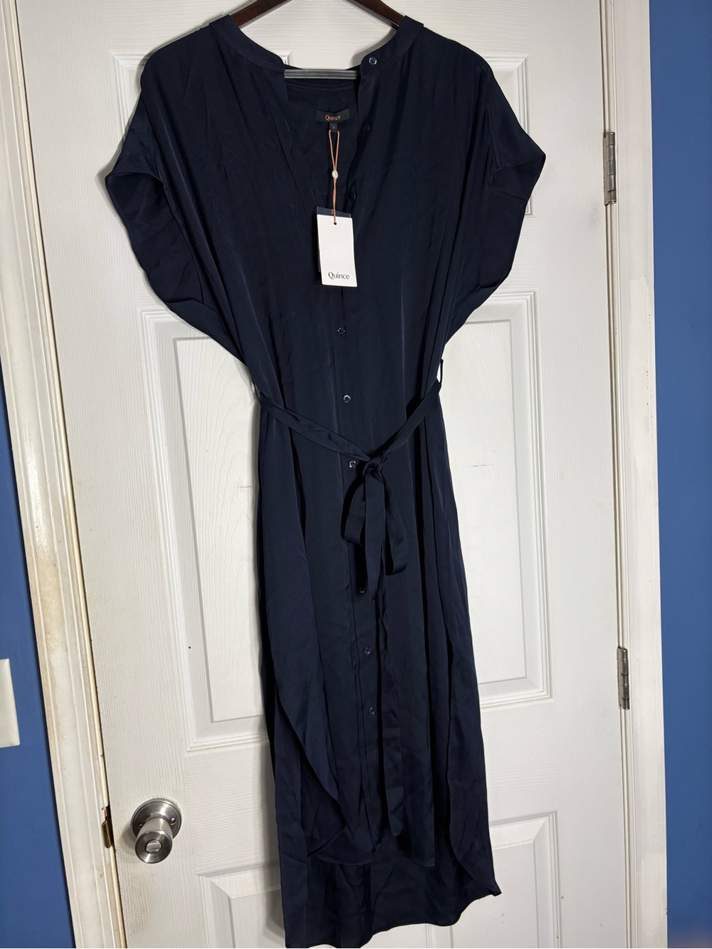 Quince Navy Button-Front Belted Maxi Dress